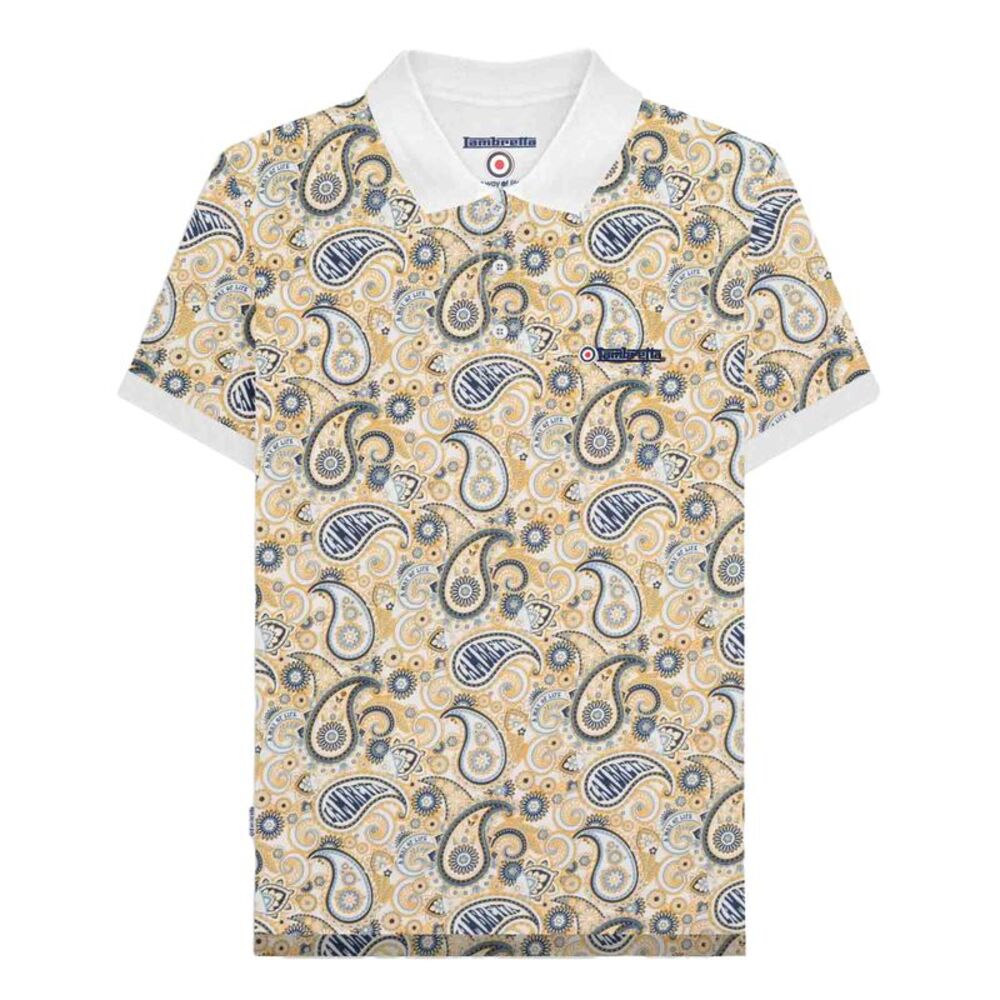 Lambretta Mens SS25 Paisley Branded Big & Tall Polo Shirt / White/Navy